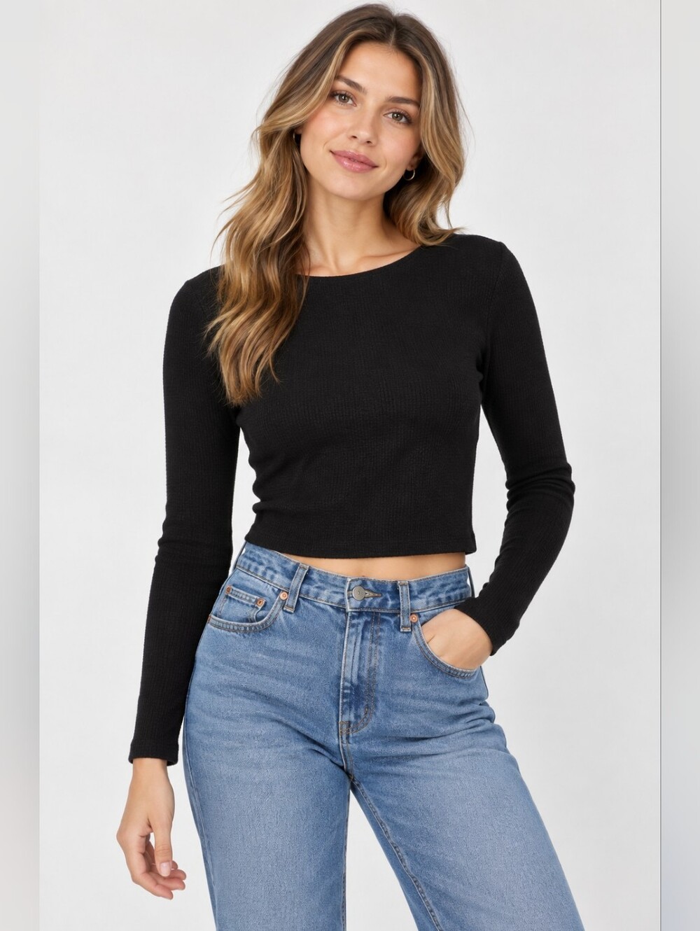 Zara Black Ribbed Long-Sleeve Cropped Top